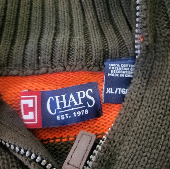 Chaps - Men's Orange and Forrest Green Zip Neck Striped Sweater- Size XL - Picture 3 of 5